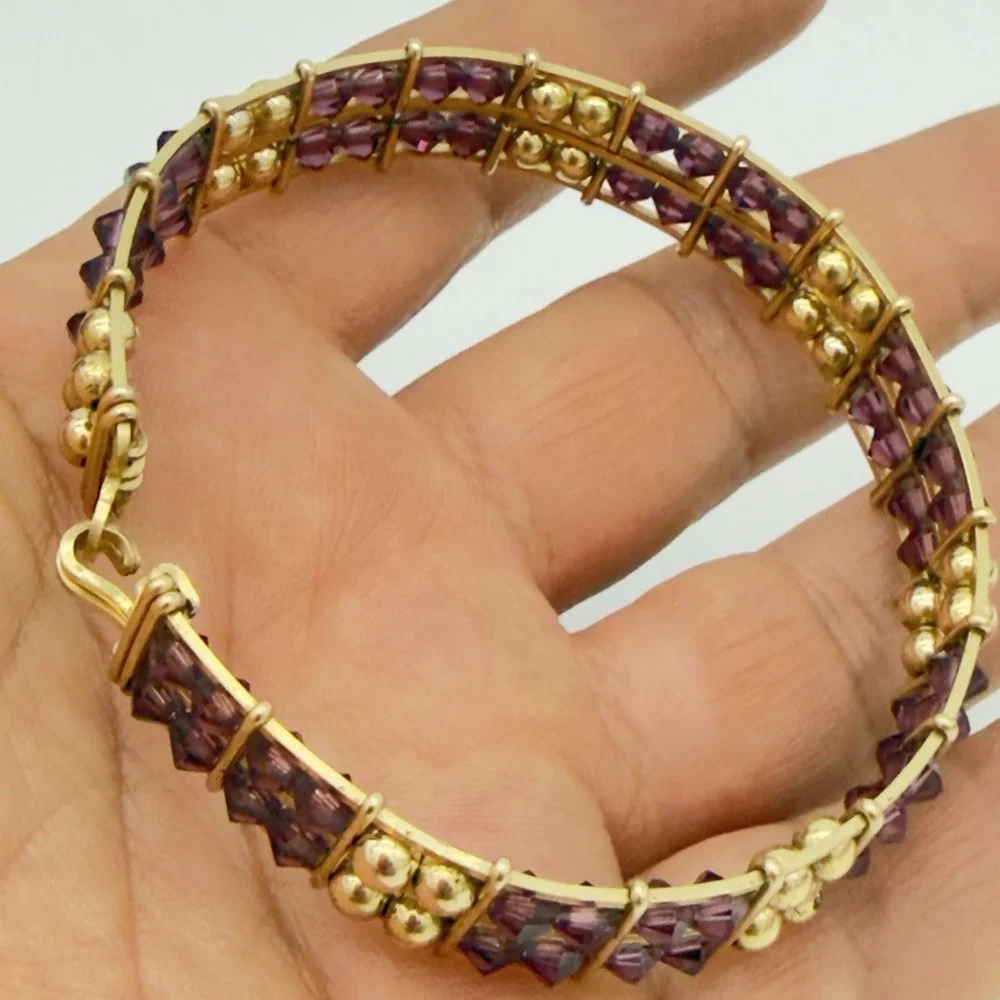Vintage Rolled Gold Wire Wrapped Bracelet Purple Crystal Faux Pearl Beaded Read